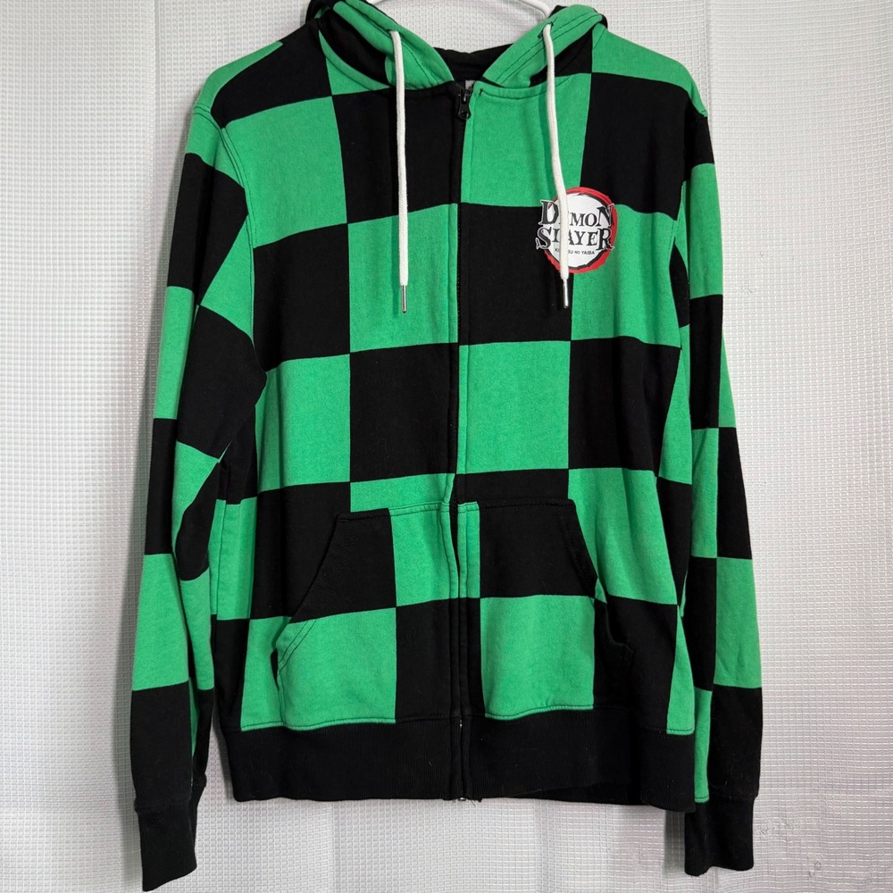 Demon Slayer Zip Up Hoodie Cotton Tanjiro Checkered Anime Cosplay Medium